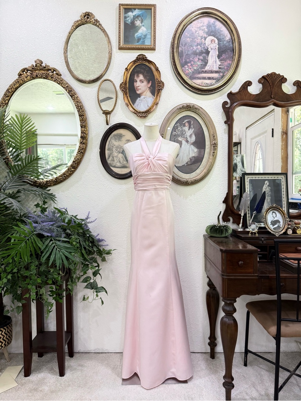 David's Bridal Light Pink Halter Satin Maxi Dress